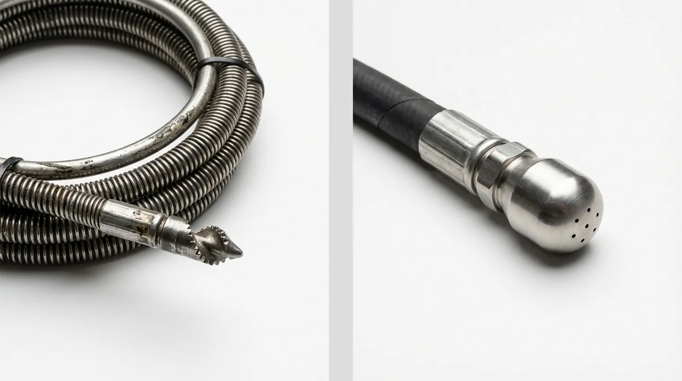 Drain snake cable and hydro jetting nozzle used for drain cleaning in Waldron, AR