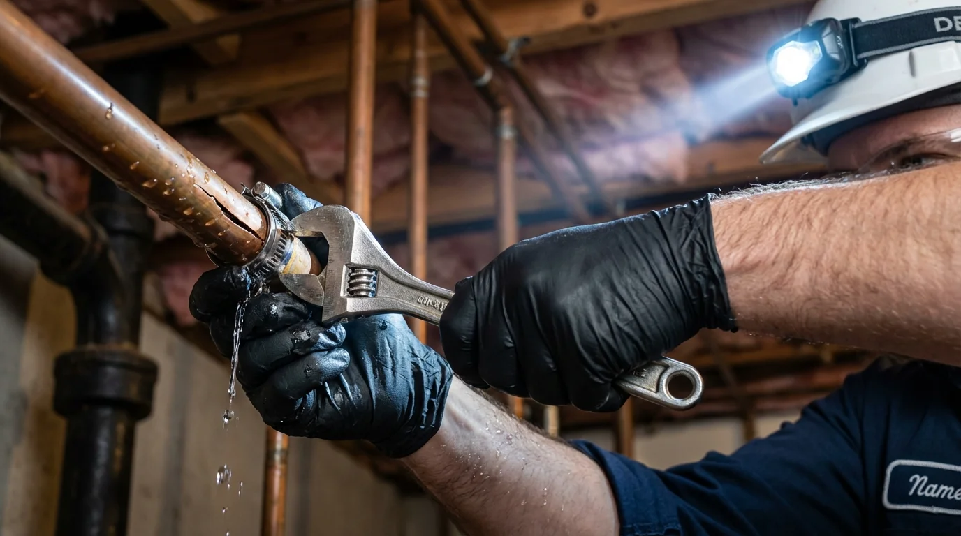 Emergency pipe clamp repair being performed by a Johns Plumbing LLC plumber in Waldron