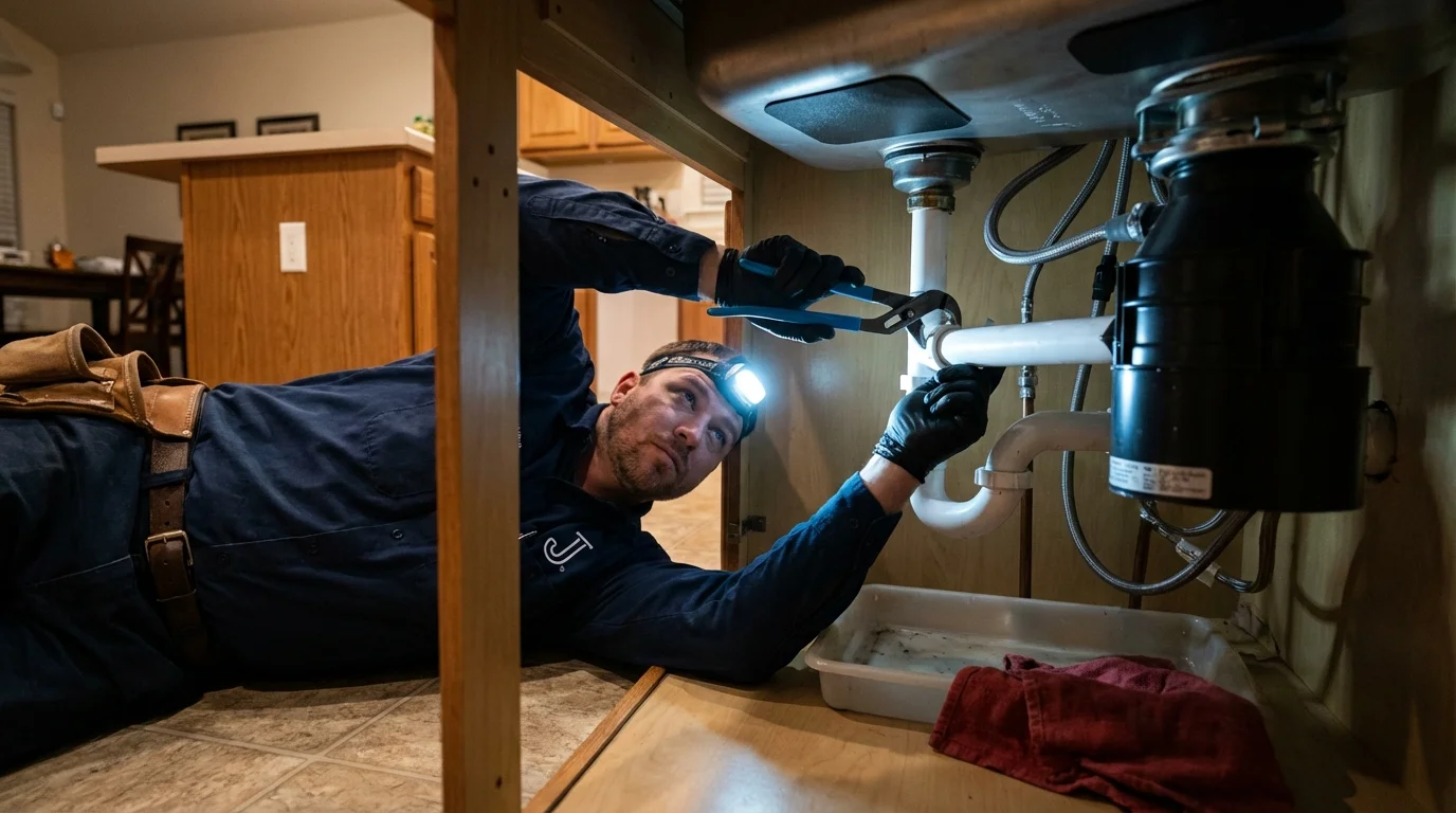 P-trap and supply line connections under a kitchen sink showing a common leak point in Waldron, AR